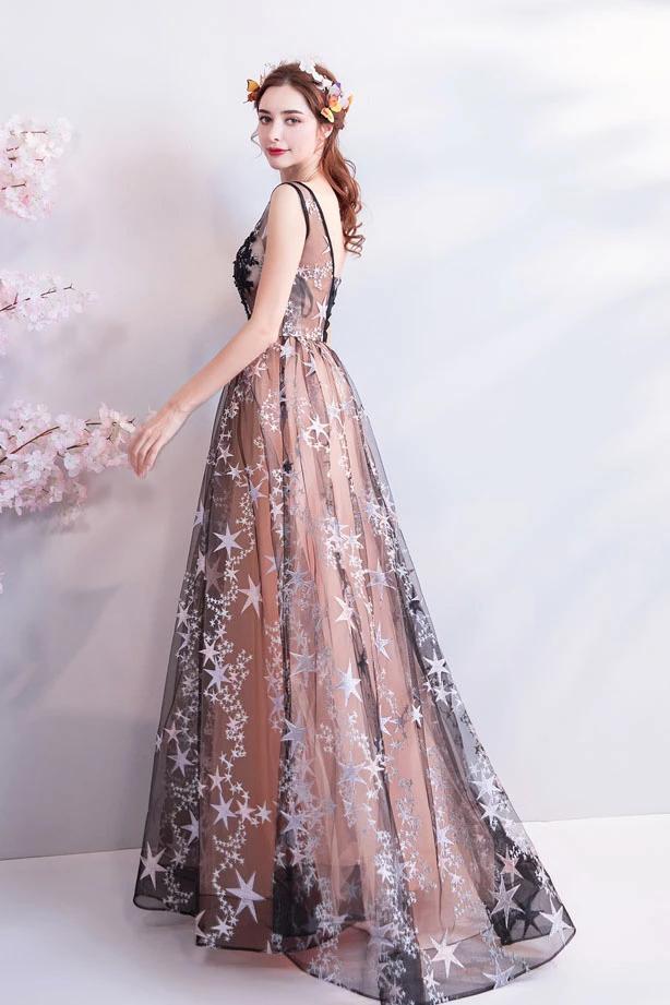 Princess A Line V Neck Applique Prom Dresses with Stars, Lace up Evening Dresses STC15286