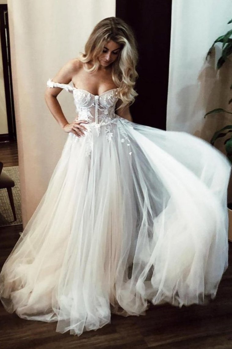 Unique Off The Shoulder Ivory Long Wedding Dress With Appliques Sweetheart Wedding STCPMJM4785