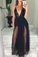 Sexy Black Sequins And Tulle Spaghetti Straps Deep V Neck Simple Floor Length Prom STCPBMGFG1D