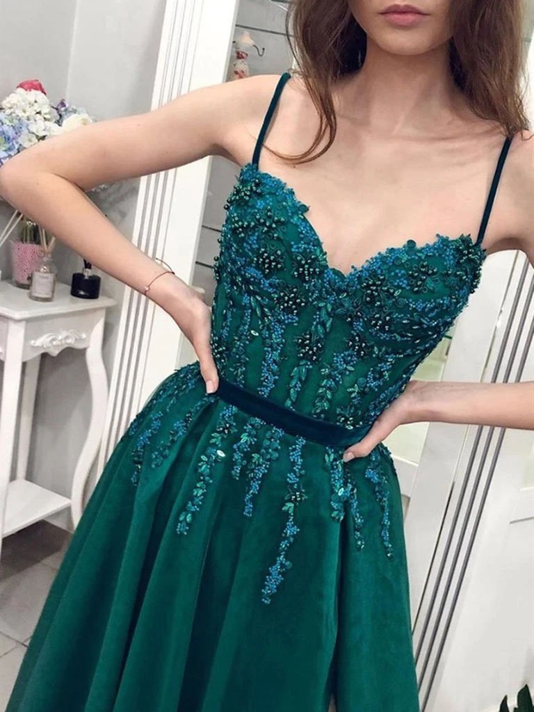 Charming A Line Green Tulle Spaghetti Straps Beading Prom Dresses V Neck Evening Dresses STC15502