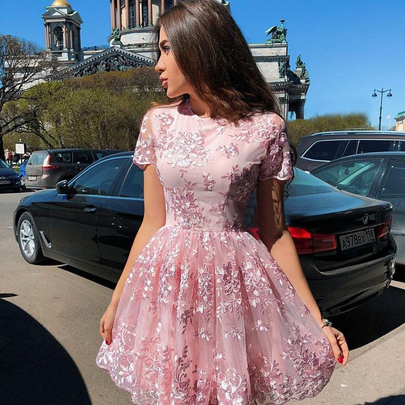 A-Line Short Sleeves Short Pink High Neck Homecoming Dress with Lace Appliques