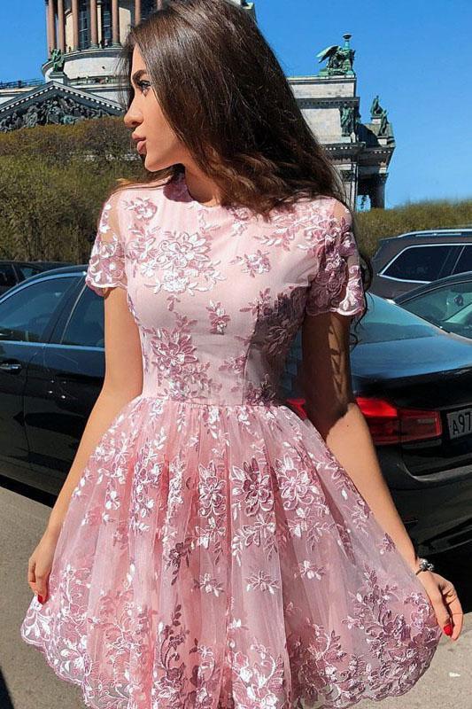 A-Line Short Sleeves Short Pink High Neck Homecoming Dress with Lace Appliques