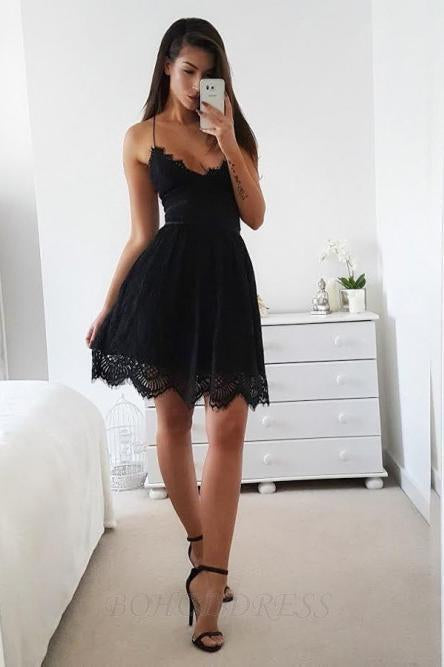 A-Line Spaghetti Straps Lace up Short Black Lace Above Knee Homecoming Dresses