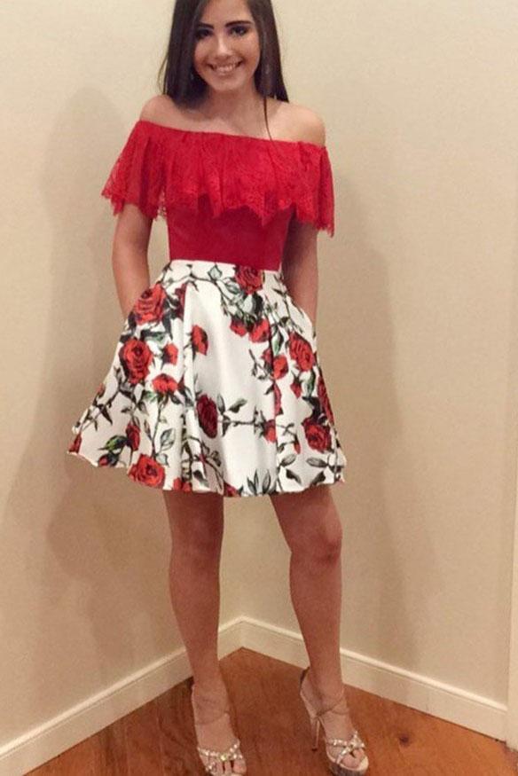 A Line Red Lace Off the Shoulder Floral Above Knee Homecoming Dresses with Pockets