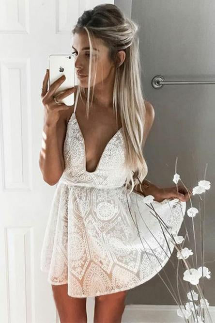 A Line Spaghetti Straps Backless V Neck Short White Above Knee Lace Homecoming Dress