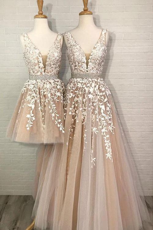 A Line Tulle V Neck Straps Lace Appliques Prom Dresses Long Party Dresses