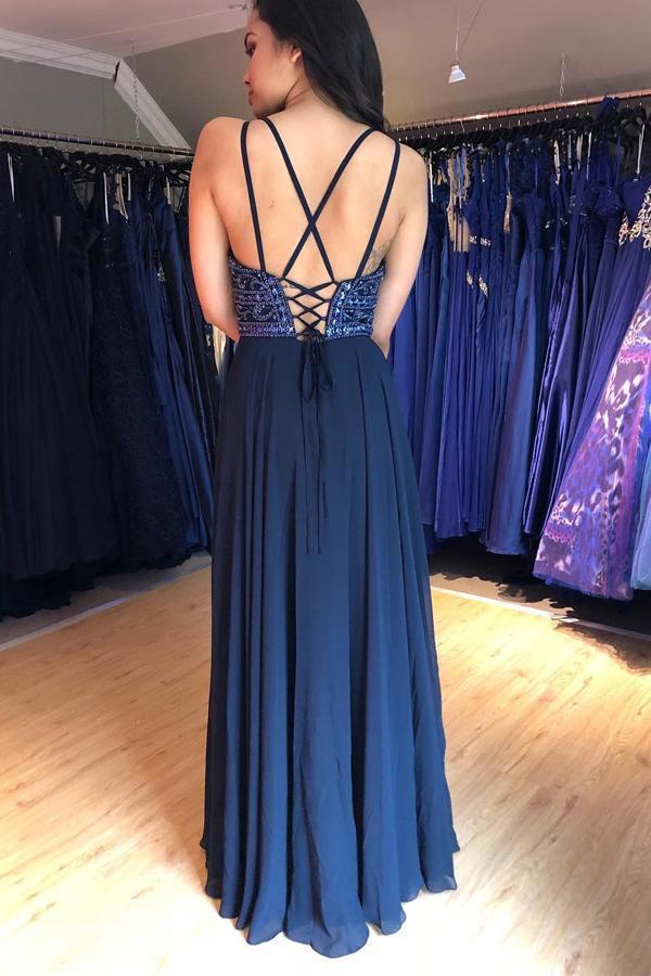 A Line V Neck Lace up Navy Blue Chiffon Long Prom Dresses with Beads Party Dresses