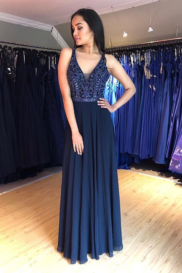 A Line V Neck Lace up Navy Blue Chiffon Long Prom Dresses with Beads Party Dresses