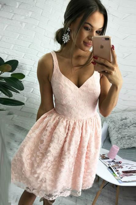A Line V Neck Short Pearl Pink Lace Appliques Sleeveless Knee Length Homecoming Dress