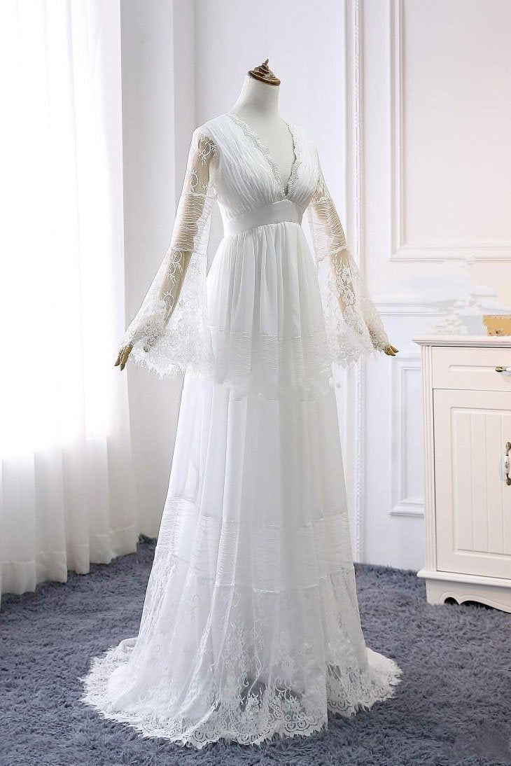 A line Long Sleeve V Neck Lace Ivory Wedding Dresses V Neck Beach Bridal Dresses