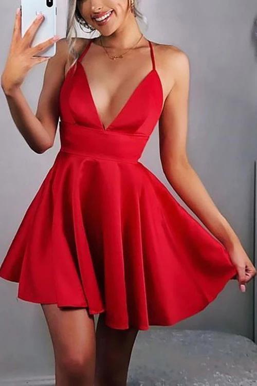 Simple Red V Neck Satin Spaghetti Straps Homecoming Dresses with Above Knee