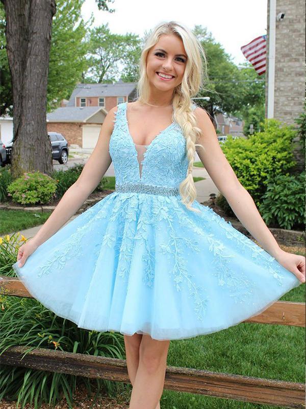 Blue Tulle Lace Appliques Short Prom Dress Beads Open Back Homecoming Dresses
