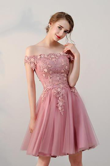 Chic A line Off the Shoulder Tulle Pink Beads Homecoming Dresses with Flowers