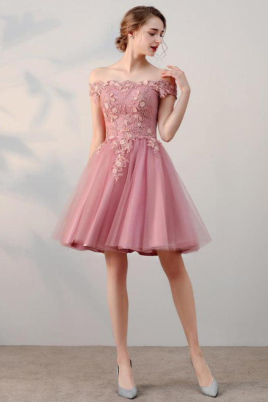 Chic A line Off the Shoulder Tulle Pink Beads Homecoming Dresses with Flowers