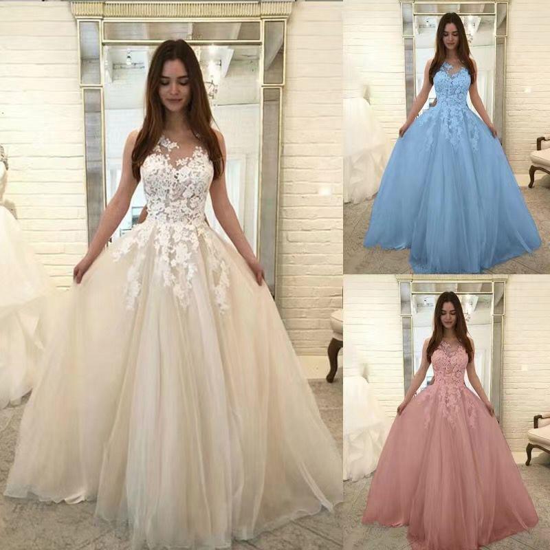 Chic Ivory Lace Appliques Straps Wedding Dresses with Tulle Cheap Prom Dresses