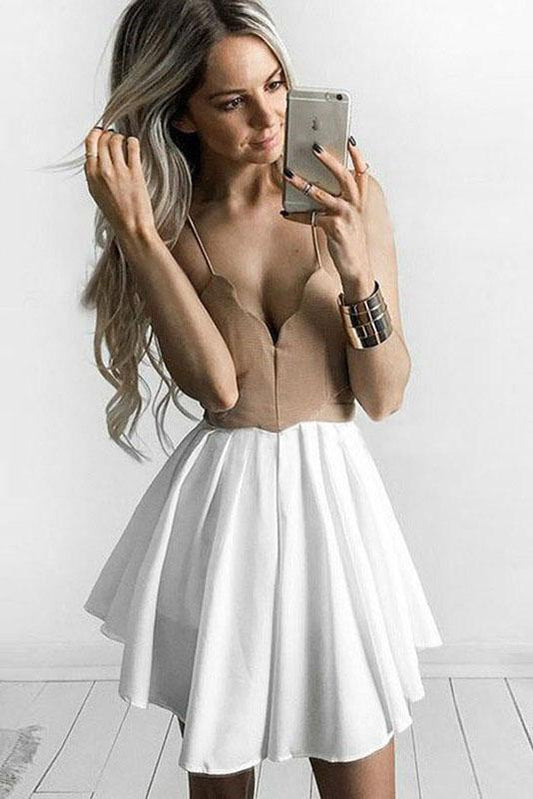 Cute A Line Spaghetti Straps V Neck Short Above Knee Homecoming Dress with Pleats
