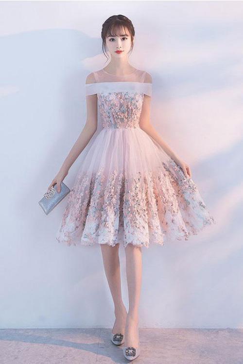 Cute Princess Pink Lace Flowers Knee Length Homecoming Dresses Short Prom Dresses