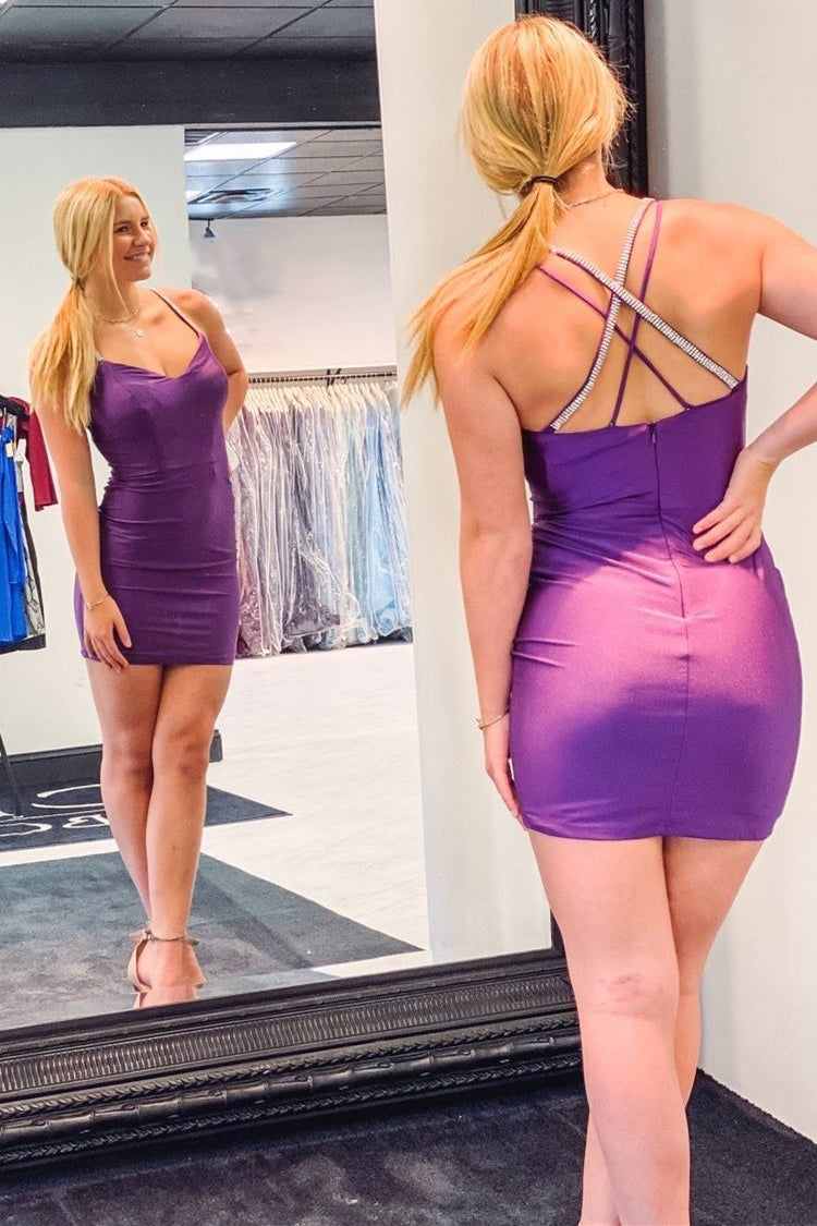 Sexy Purple V Neck Short Homecoming Dresses