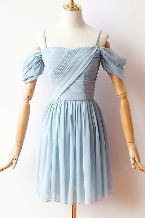 Blue A-line Off-the-shoulder Chiffon Short Prom Dresses, Homecoming Dresses
