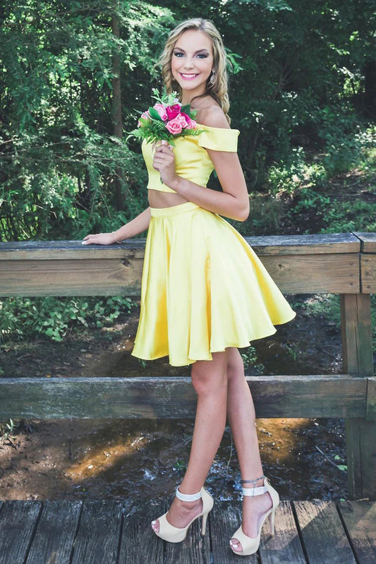 Two Pieces Yellow Off the shoulder Stain Short Prom Dresses, Homecoming Dresses