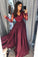 Charming Burgundy Satin Long Sleeves A-line Lace Long Prom Dresses Evening Dresses