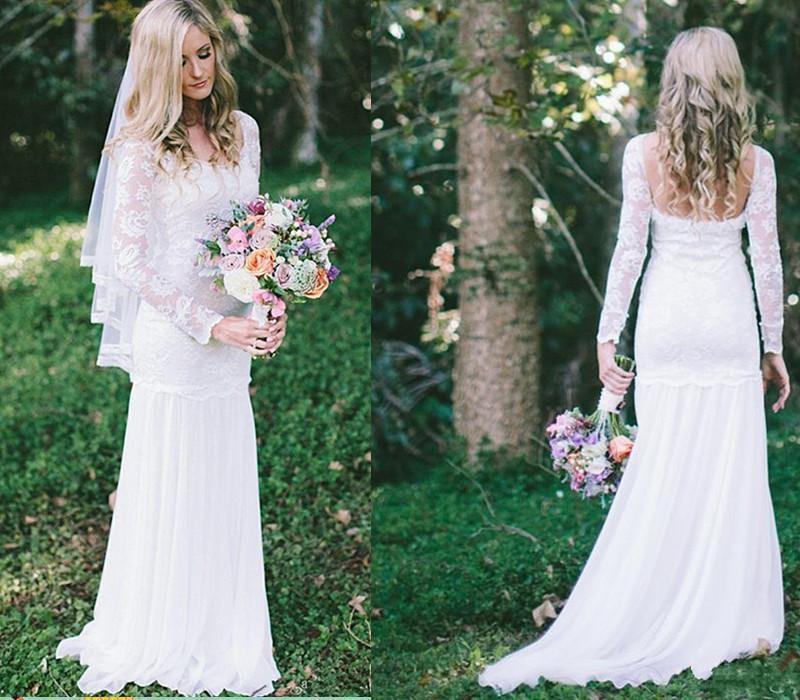 Lace Long Sleeve Beach Backless Outdoor Garden Handmade Women's Wedding Dress