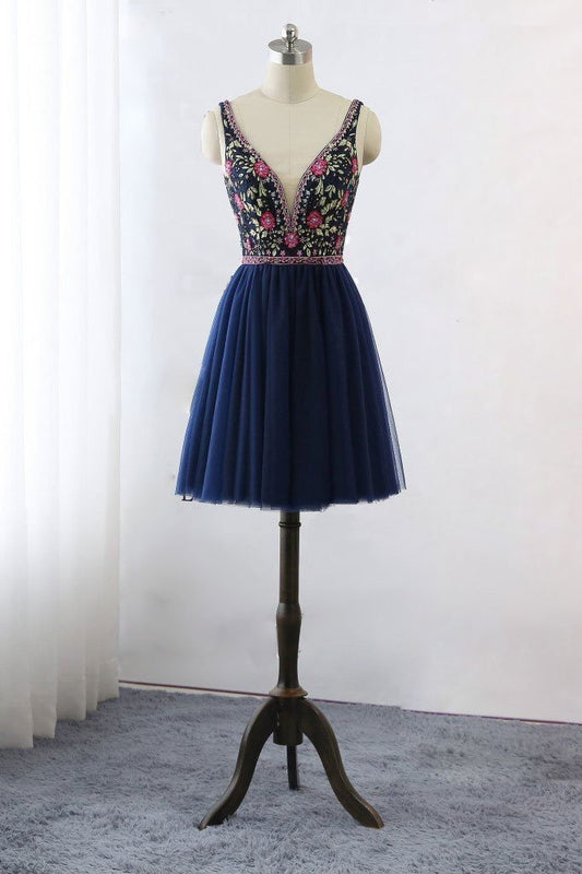 Dark Blue V Neck Lace Tulle Short Prom Dresses Floral Print Backless Homecoming Dress