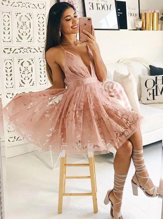 Deep V Neck Pink Lace Spaghetti Straps Ruffles Homecoming Dresses Short Prom Dress