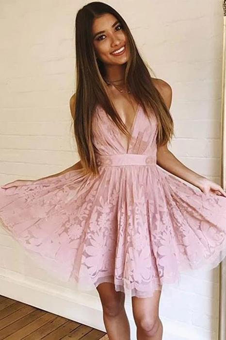 Deep V Neck Pink Lace Spaghetti Straps Ruffles Homecoming Dresses Short Prom Dress