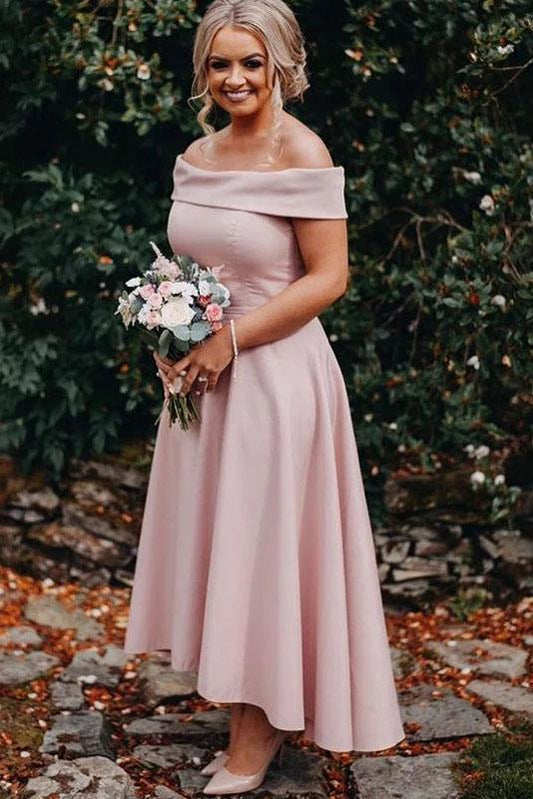 Dusty Pink Jersey Off the Shoulder High Low Ankle Length Bridesmaid Dresses with Satin