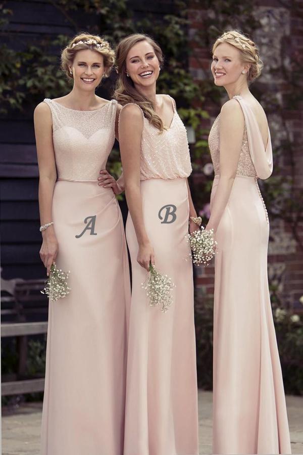 Elegant Pink Sheath Sheer Neck Sleeveless Bridesmaid Dress Wedding Party Dress