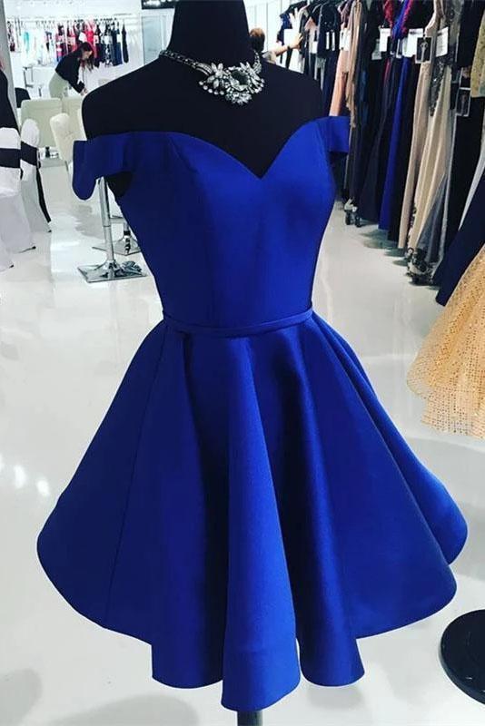 Elegant Satin Off the Shoulder Short Length A line V Neck Blue Homecoming Dresses