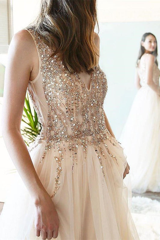 Elegant Tulle V Neck Beaded Rhinestones A-line Prom Gowns Slit Long Prom Dresses