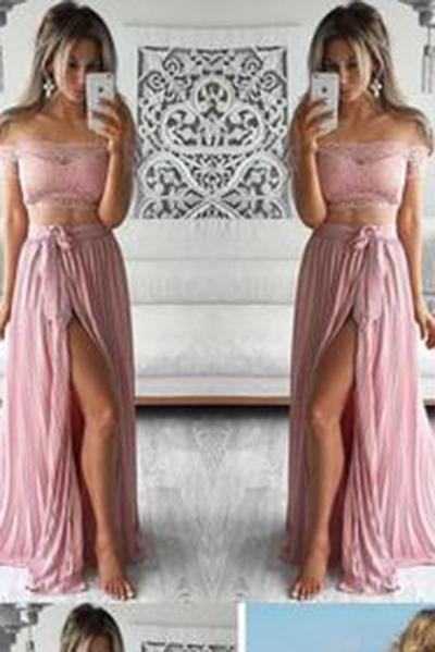 Two Piece Lace Top Off the Shoulder Short Sleeves Thigh-High Slit Sexy Evening Dresses