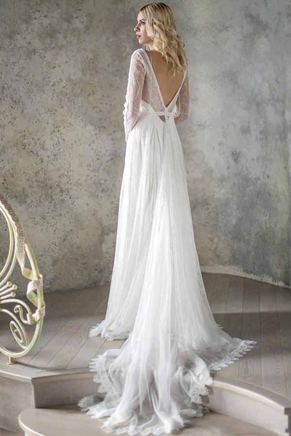 Elegant A Line V Neck Long Sleeve Ivory Lace Backless Beach Boho Wedding Dresses