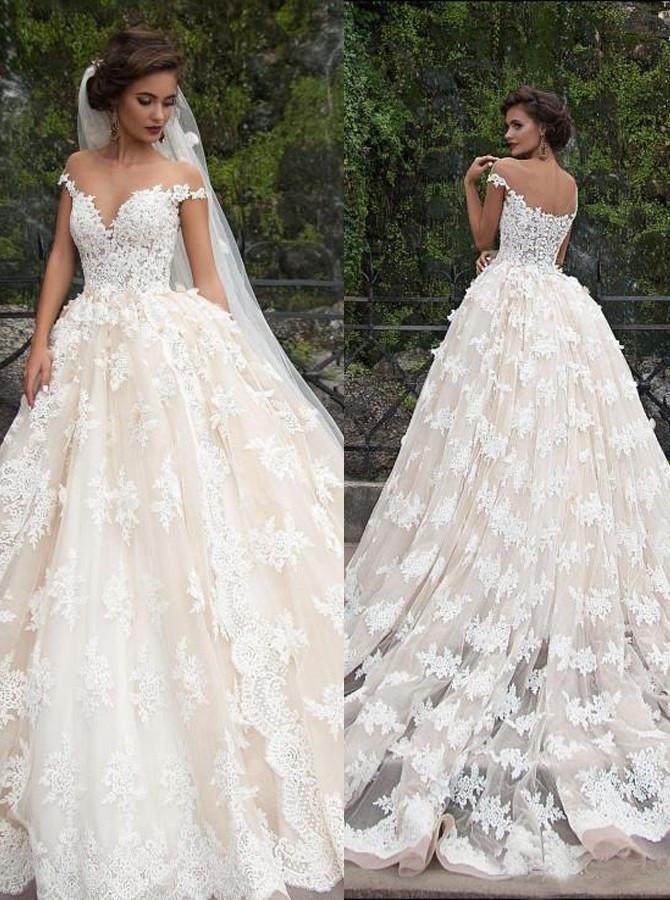 Glamorous Jewel Cap Sleeves White Court Train Wedding Dress with Lace Top