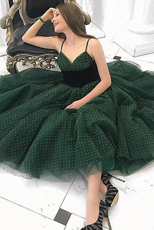 Green Spaghetti Straps Homecoming Dresses Tulle Cheap Fashion Short Prom Dresses