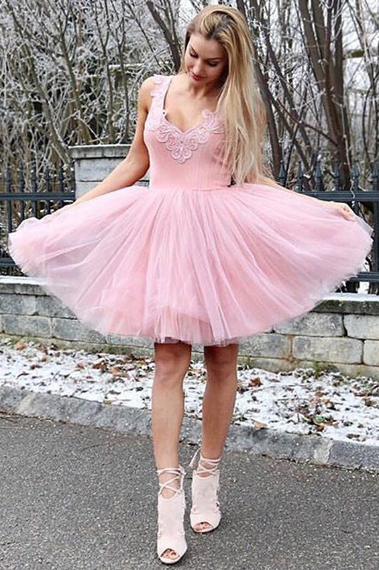 Pink Tulle Sleeveless Appliques Short Homecoming Dresses