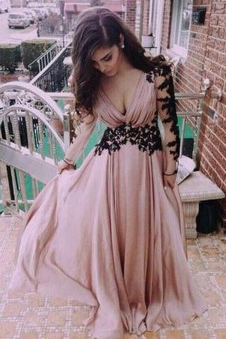 Deep V neck Prom Dress Fashion Long Sleeves Appliques Black And Pink Chiffon Prom Dress