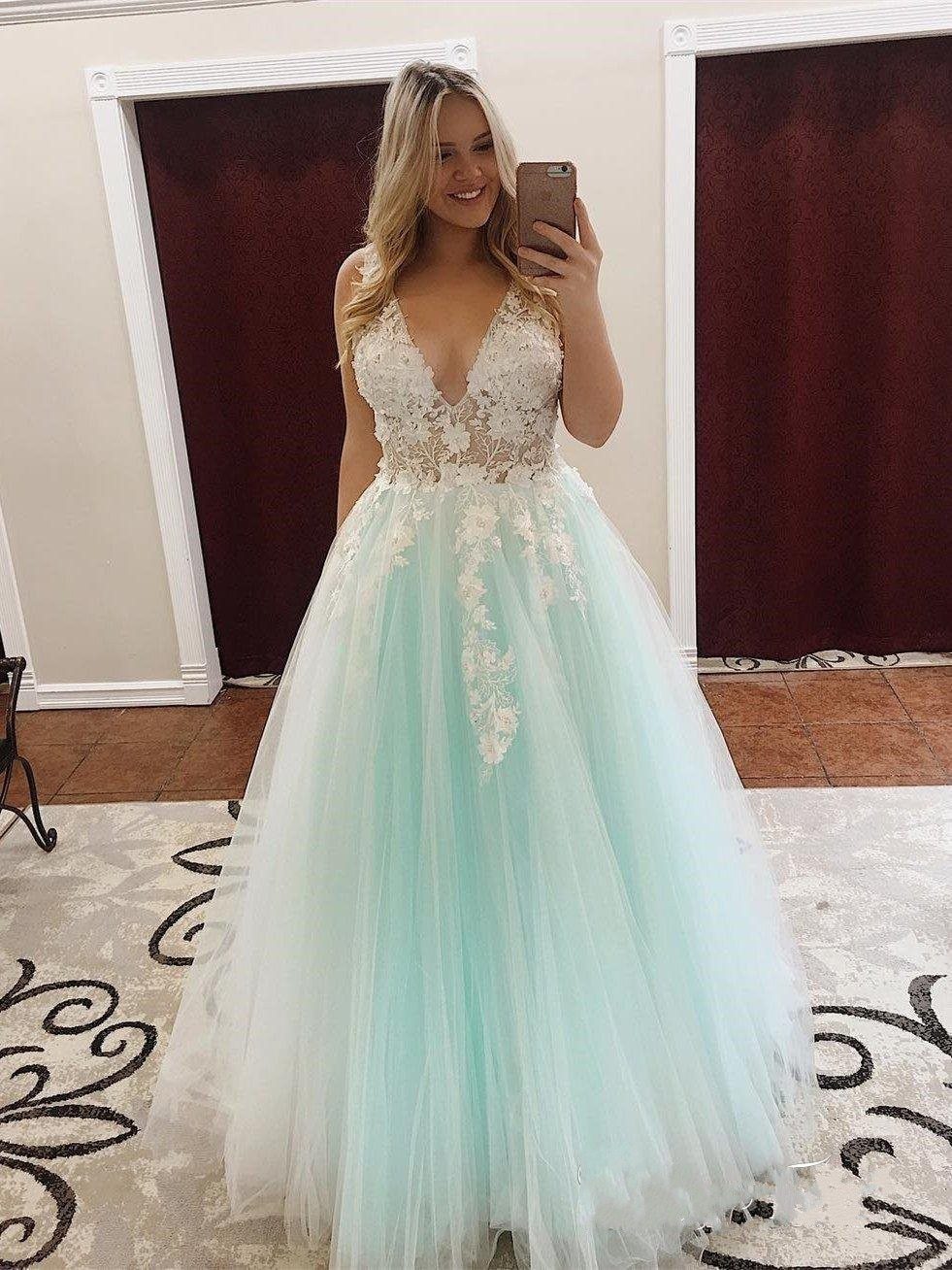 Elegant A Line Mint Green Tulle V Neck Prom Dresses with Lace Long Cheap Party Dress