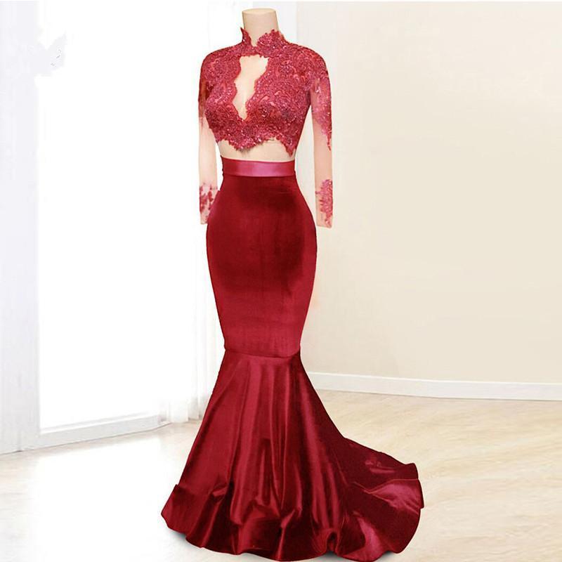 Elegant Long Sleeves Two Piece Mermaid High Neck Floor-Length Prom Dresses