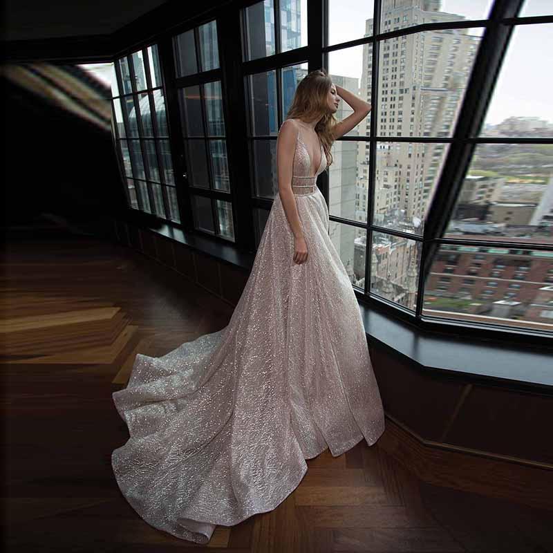 Honorable Deep V-Neck Court Train Pink Backless Prom Dresses with Sequins