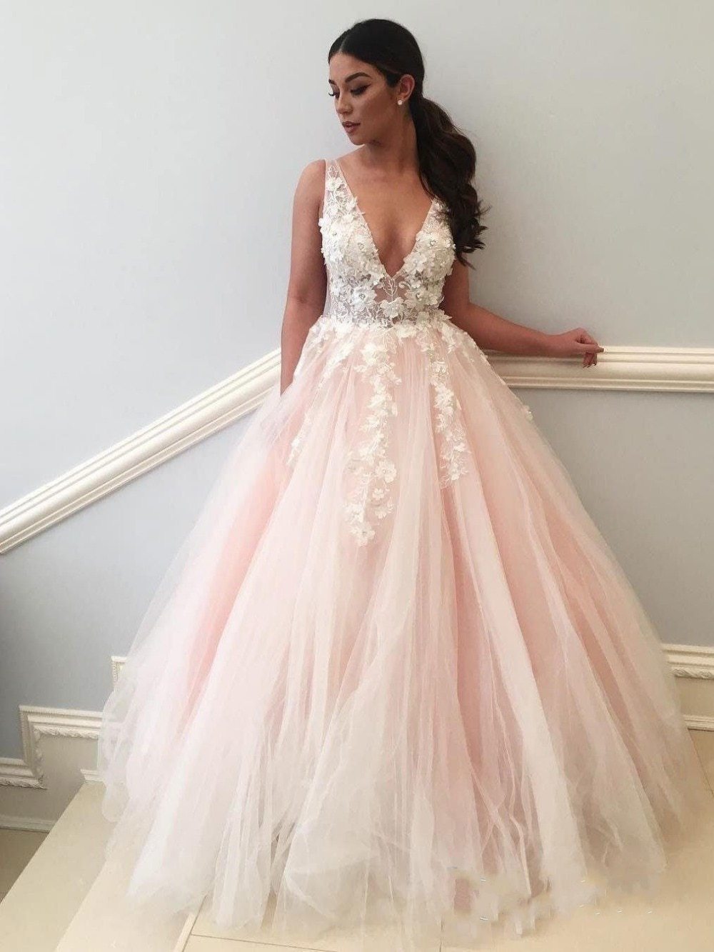Elegant A Line Mint Green Tulle V Neck Prom Dresses with Lace Long Cheap Party Dress