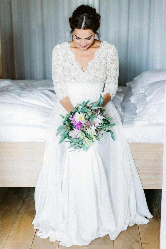 Half Sleeve V Neck Lace Wedding Dresses with Chiffon Floor Length Ivory Bridal Dresses