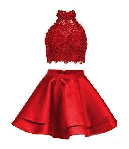 Halter 2 Piece Pink Satin Homecoming Dresses with Lace Mini Short Prom Dresses