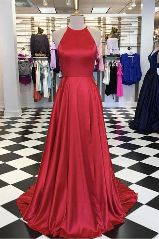Halter Open Back A Line Red Sleeveless Prom Dresses Long Cheap Evening Dresses