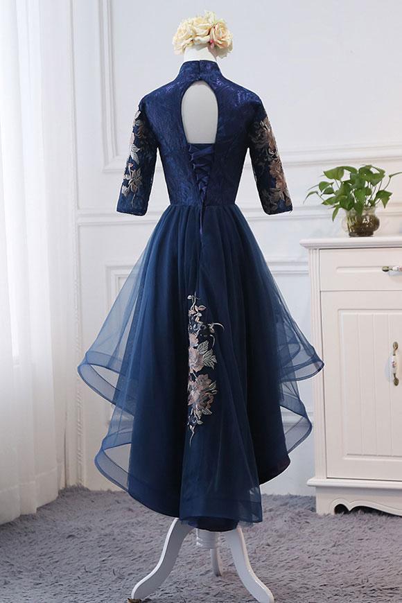 High Neck High Low Dark Navy Half Sleeve Tulle Homecoming Dresses with Appliques