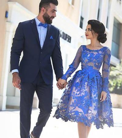 Unique Ball Gown Appliques Knee-Length Long Sleeve A-Line Tulle Royal Blue Sweet 16 Gown