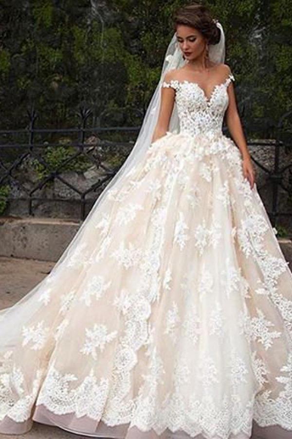 Glamorous Jewel Cap Sleeves White Court Train Wedding Dress with Lace Top