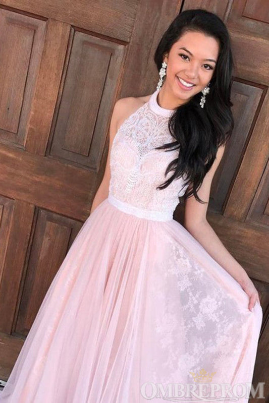 Light Pink Halter Sleeveless A Line Lace Prom Dresses